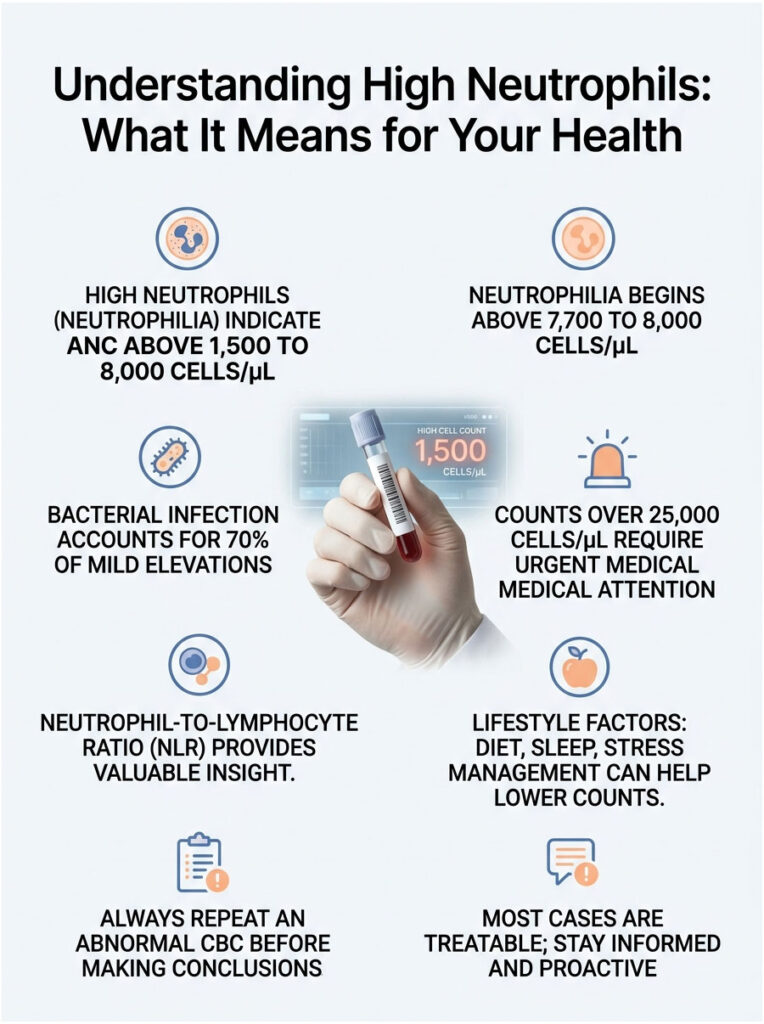 Infographic explaining high neutrophils, with data on counts, causes, and health implications.