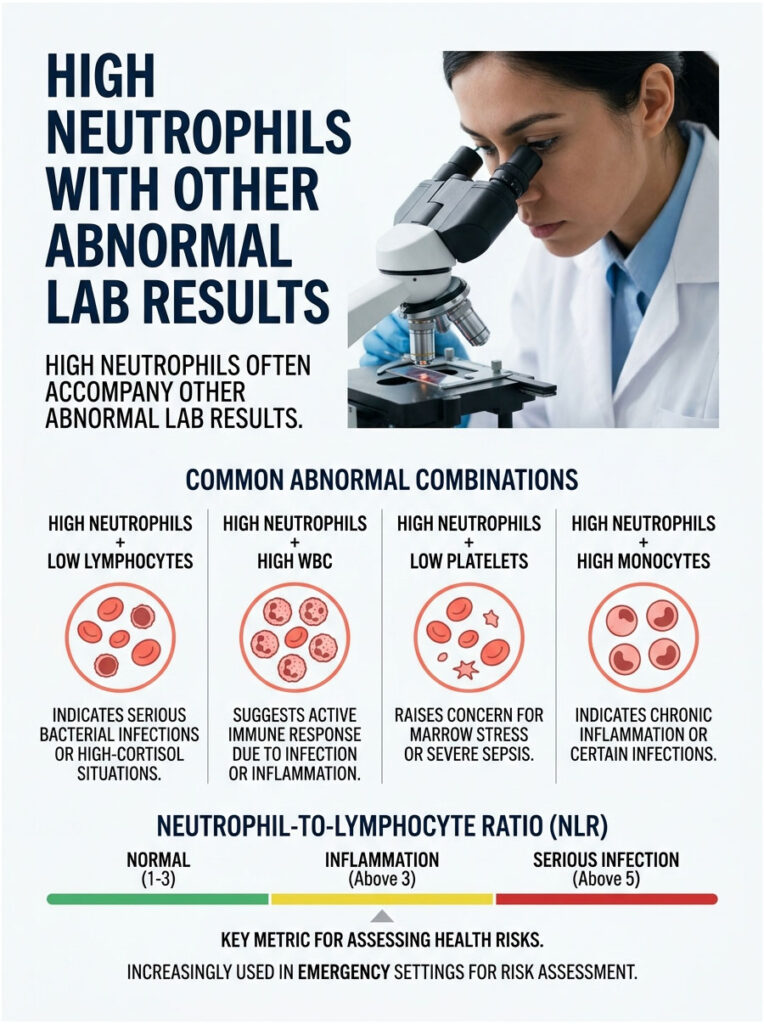 Infographic showing high neutrophils with abnormal lab results, including charts and explanations of combinations.