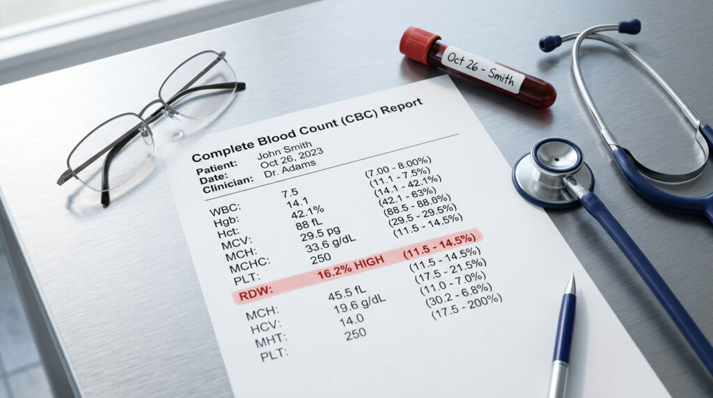 A complete blood count report on a table with glasses, a stethoscope, and a blood sample tube.