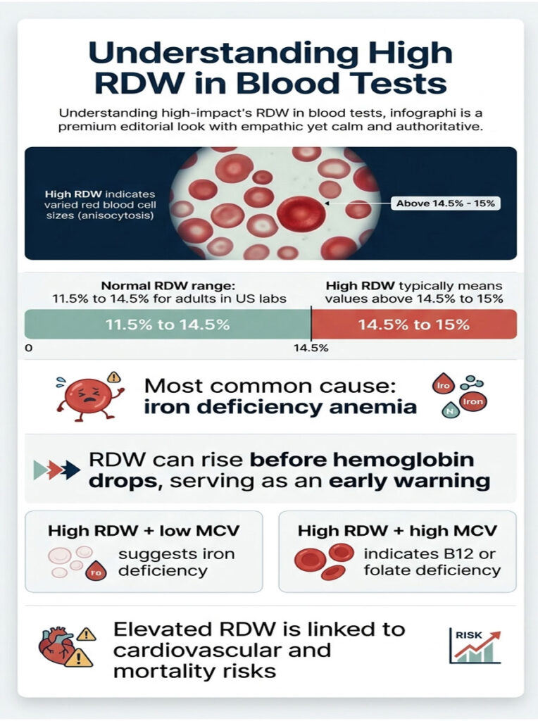 Infographic explaining high RDW in blood tests with charts, red blood cell images, and key statistics on iron deficiency anemia.