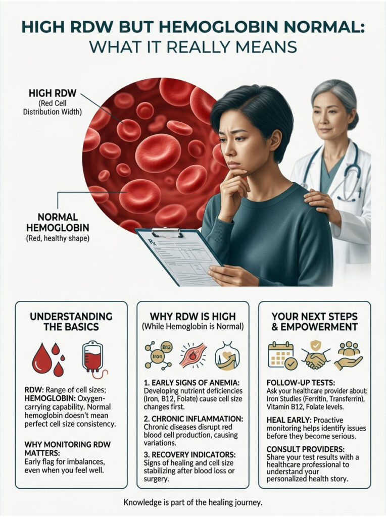 Infographic explaining high RDW with normal hemoglobin, featuring blood cells, a woman reading a report, and key health points.