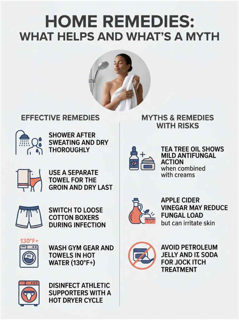 Infographic showing home remedies for jock itch, including effective remedies and myths with risks.