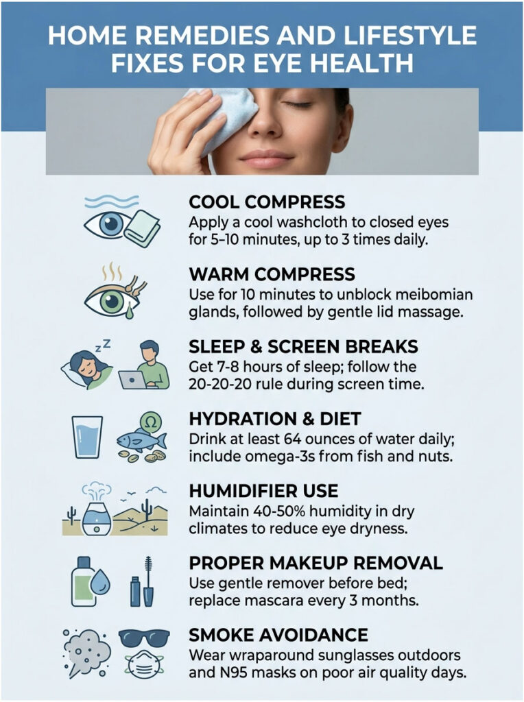 Infographic detailing home remedies and lifestyle fixes for eye health, including tips and icons for each remedy.