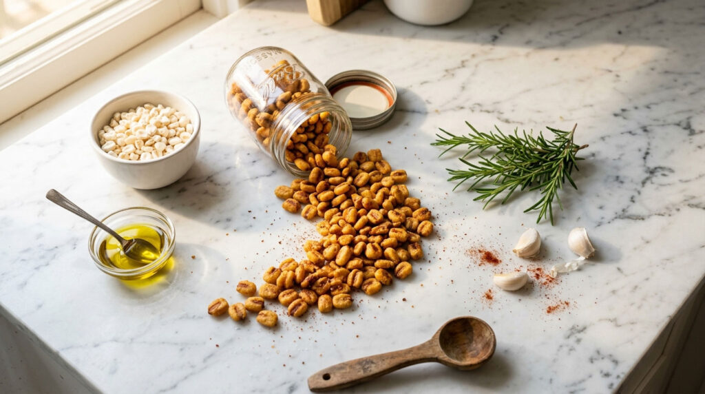 A jar spills roasted peanuts on a marble countertop with garlic, rosemary, olive oil, and a spoon nearby.