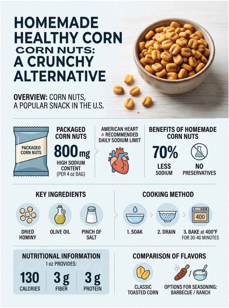 Infographic showing homemade corn nuts recipe, sodium content, ingredients, cooking method, and nutritional info.
