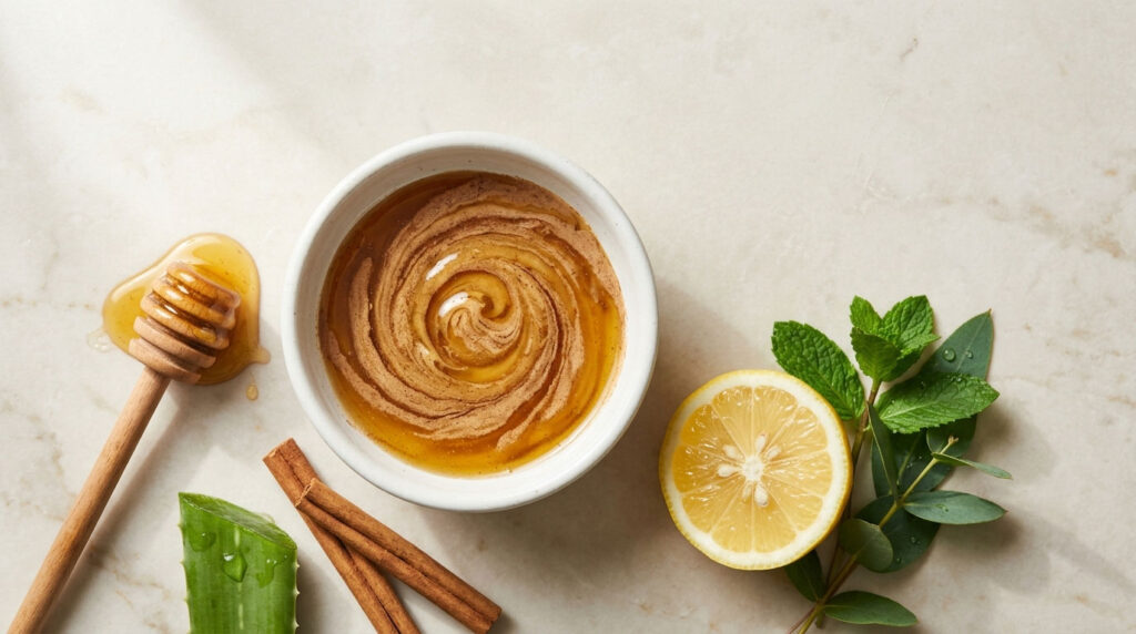A bowl of honey with a swirl, lemon slice, aloe vera, mint leaves, and cinnamon sticks on a marble surface.