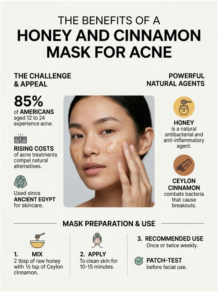 Infographic showing benefits of honey and cinnamon mask for acne, with preparation steps and statistics on acne prevalence.