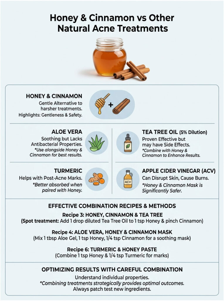 Infographic comparing honey and cinnamon to other natural acne treatments with recipes and benefits.