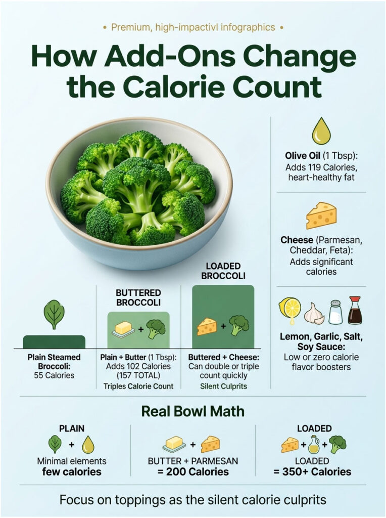 Infographic showing how add-ons like butter and cheese increase broccoli's calorie count with detailed statistics.