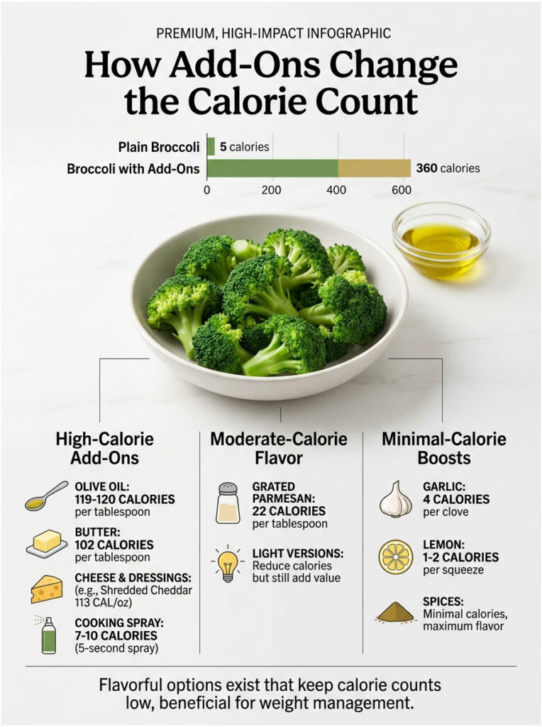Infographic showing broccoli calorie counts with add-ons, featuring high, moderate, and minimal calorie options.