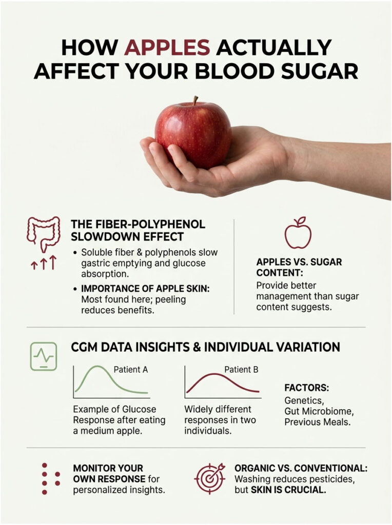 Infographic showing how apples affect blood sugar, including data on fiber, glucose response, and apple skin importance.