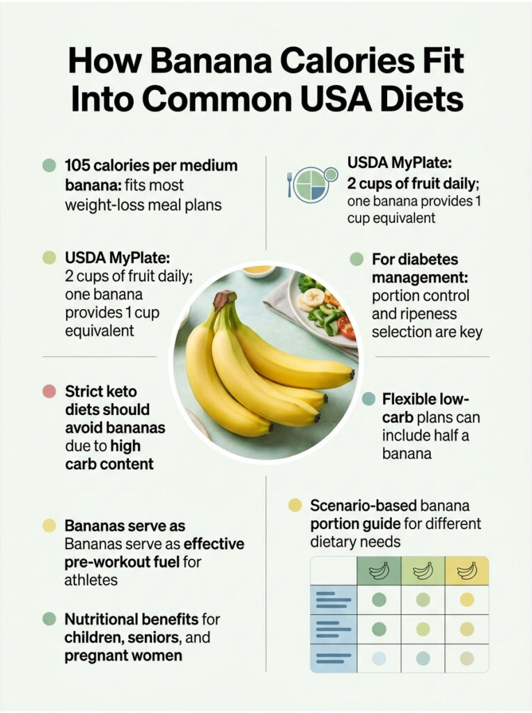 Infographic showing banana calorie information, dietary guidelines, and portion control for various diets.