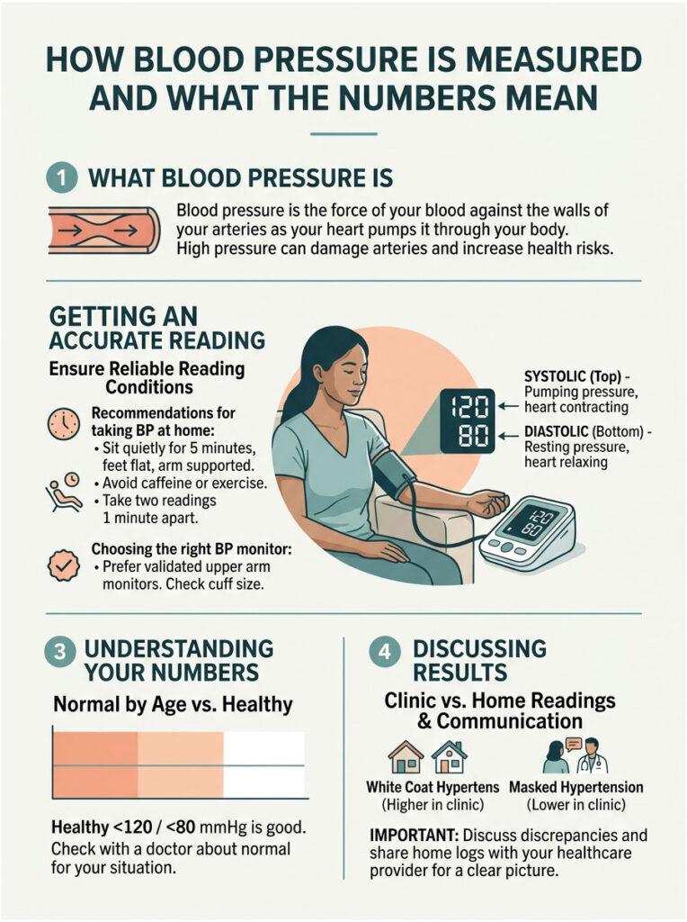Infographic explaining blood pressure measurement, including reading conditions, normal ranges, and results discussion.