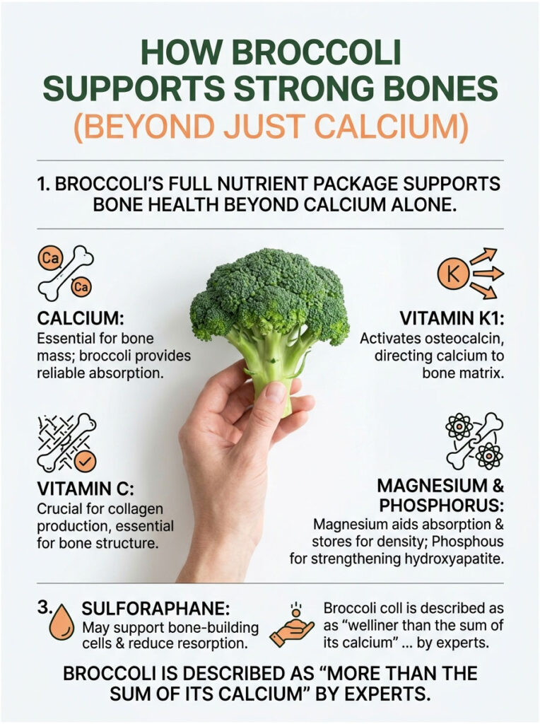 Broccoli infographic showing nutrients supporting bone health: calcium, vitamin K1, C, magnesium, phosphorus, and sulforaphane.