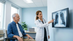 A doctor points at a lung X-ray while discussing it with an elderly male patient in a medical office.