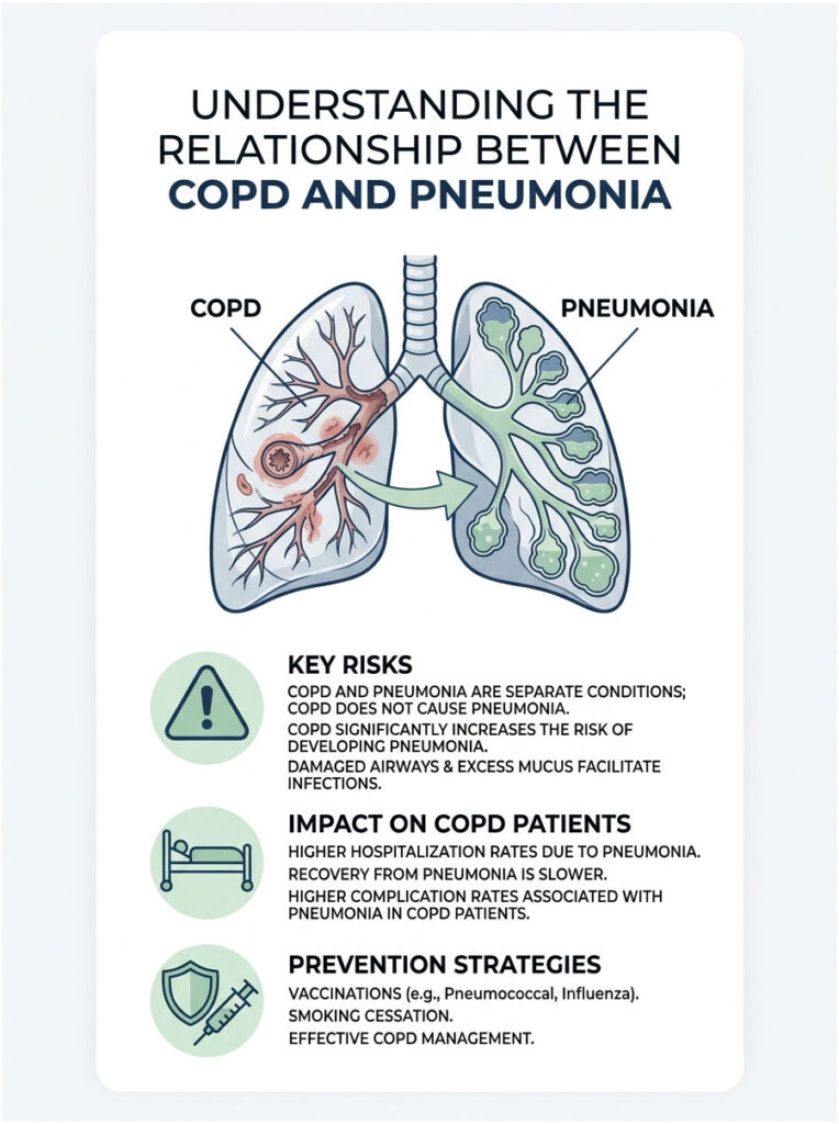 Infographic illustrating the relationship between COPD and pneumonia with key risks, impacts, and prevention strategies.