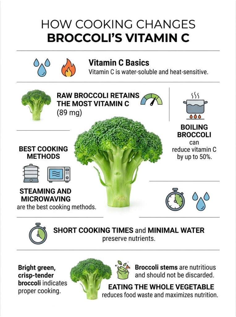 Infographic showing how cooking affects broccoli's vitamin C, with charts and cooking methods illustrated.