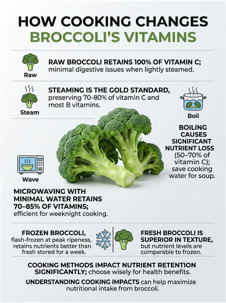 Infographic showing how cooking methods affect broccoli's vitamin retention, including raw, steaming, boiling, and microwaving.