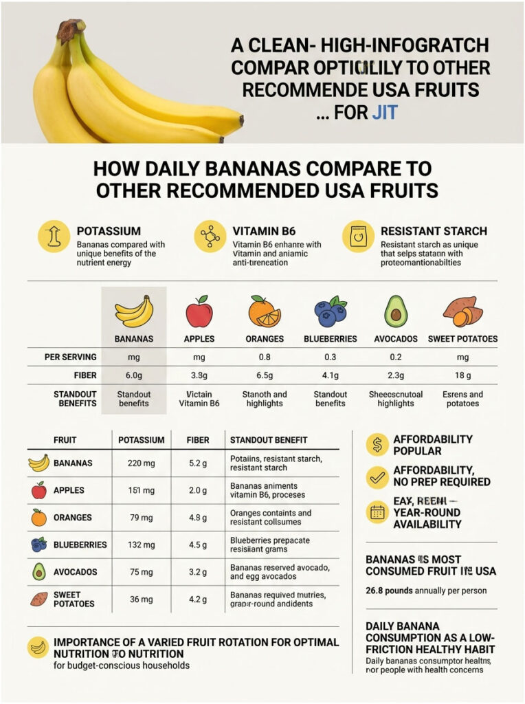 Infographic comparing daily bananas to other USA fruits, highlighting potassium, fiber, and standout benefits.