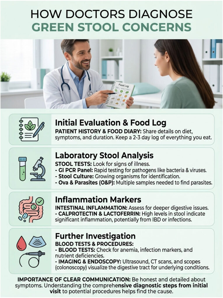 Doctor explains green stool concerns with food log, stool tests, inflammation markers, and further investigation steps. Infographic.