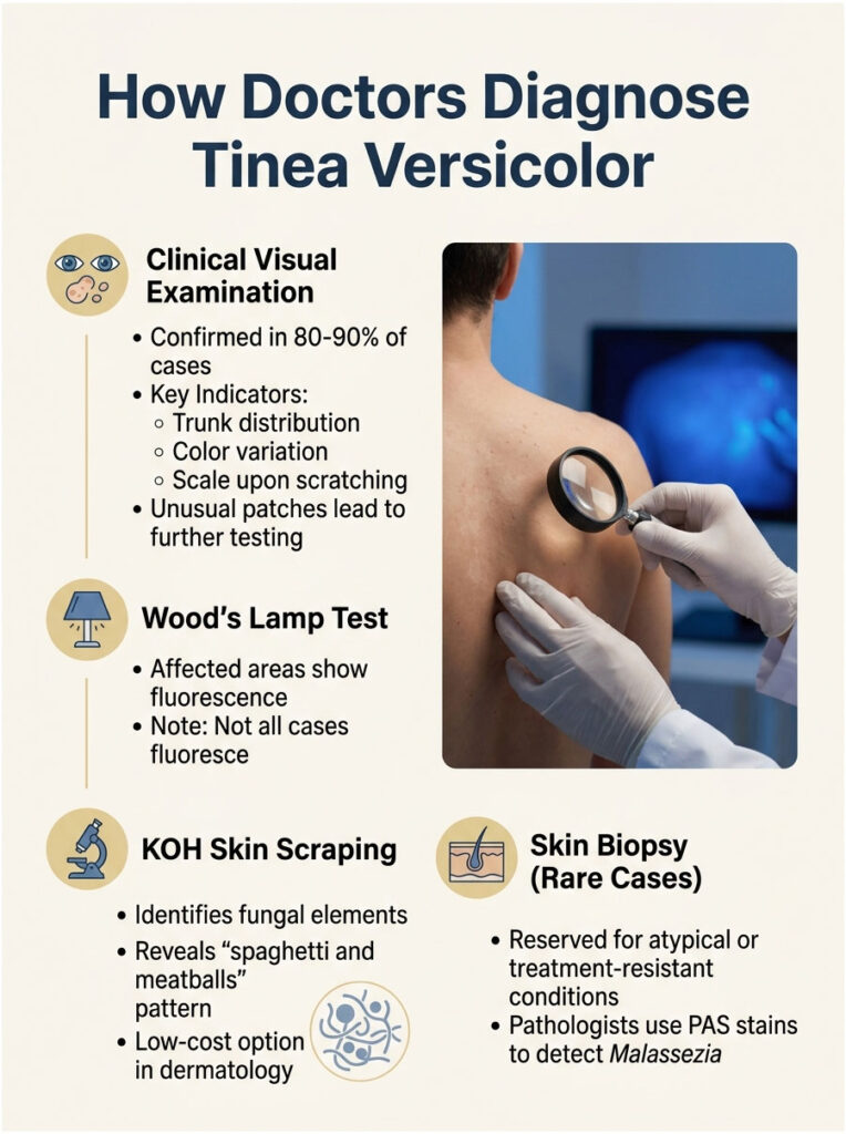 Infographic explaining how doctors diagnose Tinea Versicolor with visual examination and tests.