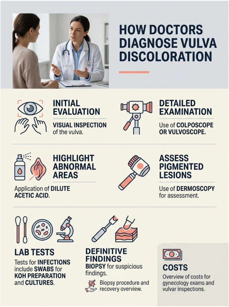 Doctor explains vulva discoloration diagnosis steps including visual inspection, lab tests, and costs. Infographic.
