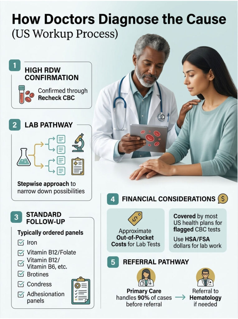 Infographic detailing the US workup process for diagnosing high RDW, including steps and financial considerations.
