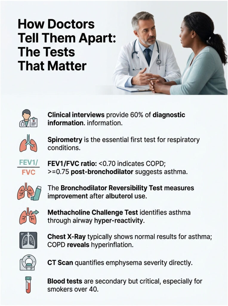 Doctors discuss respiratory tests; includes clinical interviews, spirometry, and various diagnostic tests.
