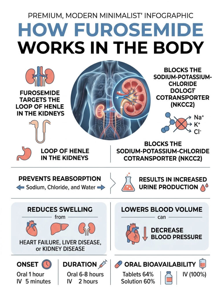 Infographic explaining how furosemide works in the body, detailing kidney function and effects on urine production.