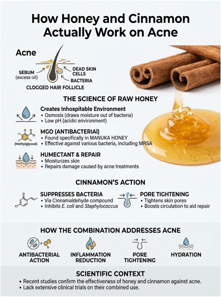 Infographic explaining how honey and cinnamon work on acne, featuring text, icons, and illustrations of honey and cinnamon sticks.