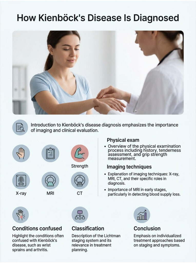 Infographic explaining Kienböck's disease diagnosis with images of physical exam and imaging techniques like X-ray, MRI, and CT.