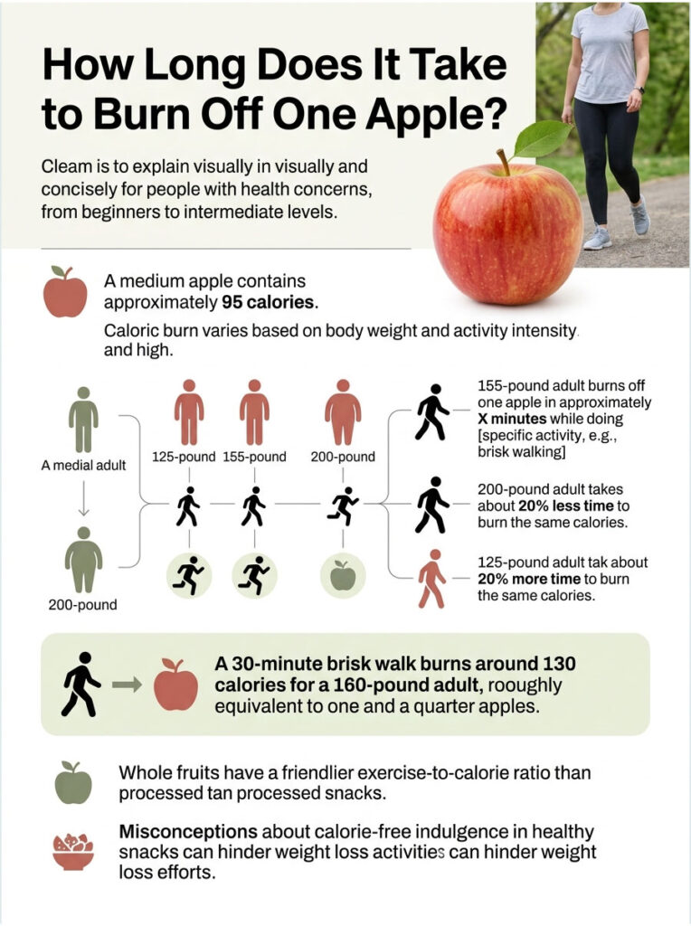 Infographic showing calorie burn from an apple based on body weight and activity intensity with illustrations.