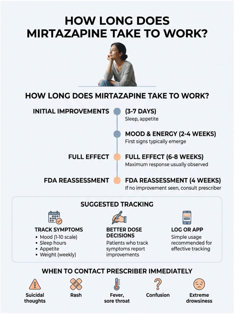 Infographic showing Mirtazapine's effects timeline and tracking suggestions with icons and data points.