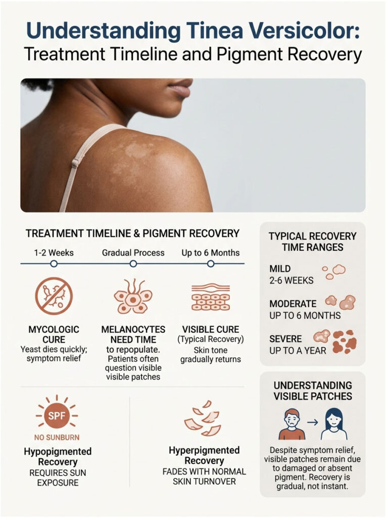 Infographic detailing tinea versicolor treatment timeline, recovery phases, and visible patches with illustrations.