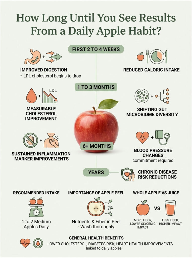 Infographic showing health benefits of daily apple consumption over time, including digestion and cholesterol improvements.