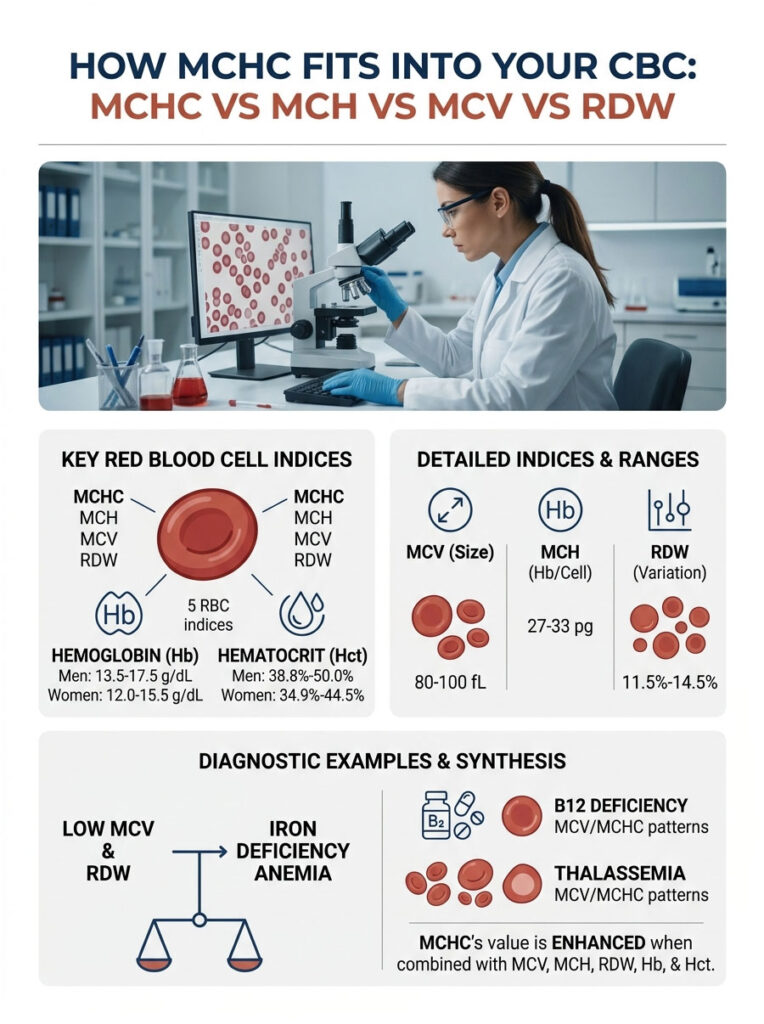 Infographic explaining MCHC, MCH, MCV, RDW with charts, ranges, and diagnostic examples in a lab setting.
