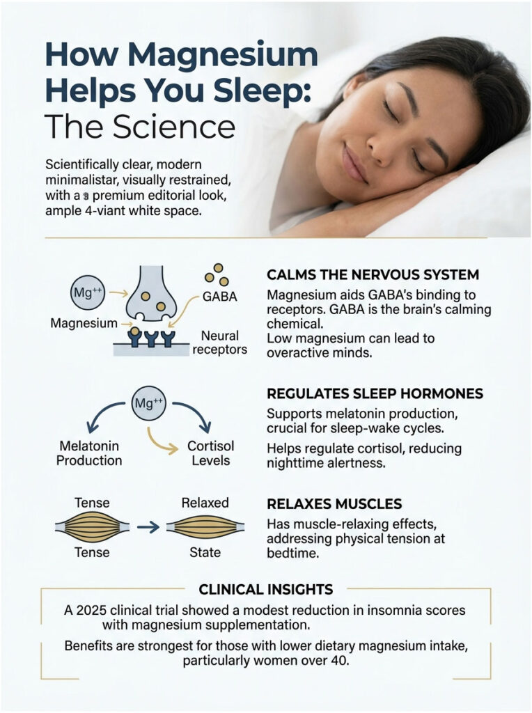 Infographic explaining how magnesium aids sleep, featuring text on calming the nervous system and regulating hormones.