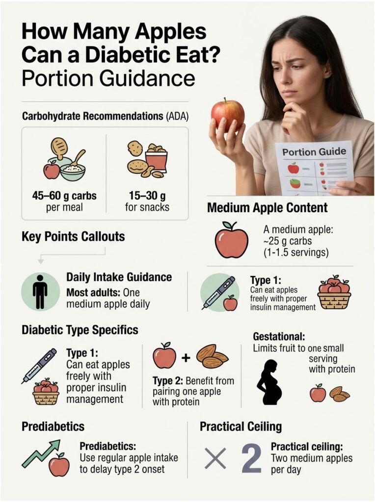 Infographic showing diabetic apple intake guidelines, including carbohydrate recommendations and portion sizes.