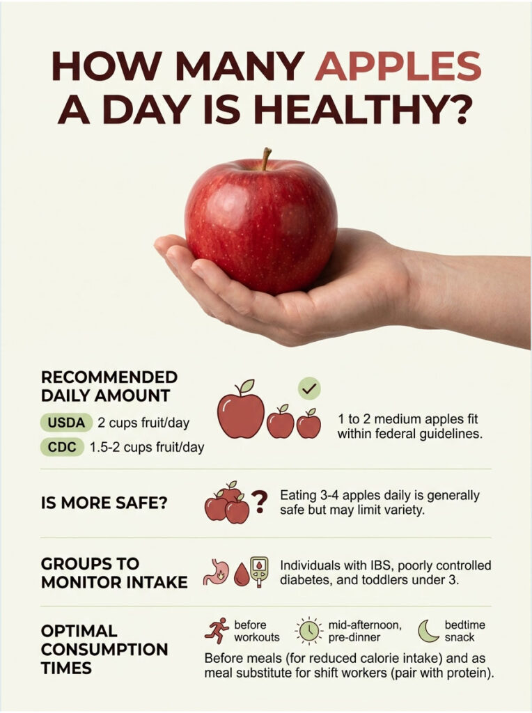 Hand holds a red apple; infographic discusses daily apple intake recommendations and guidelines.