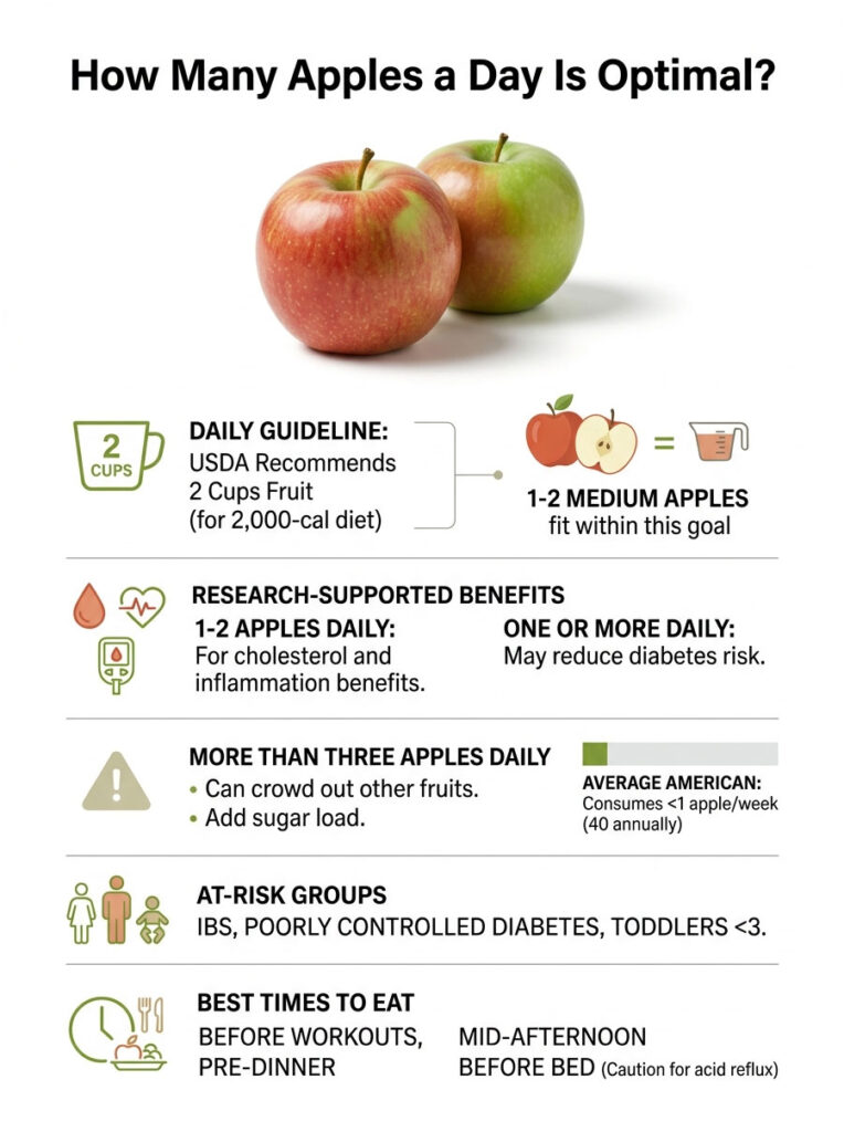 Infographic showing apple consumption guidelines, benefits, and best times to eat apples with illustrations and data.