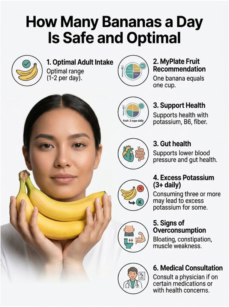 Woman holds two bananas, detailing optimal intake, health benefits, and consultation advice in an infographic.