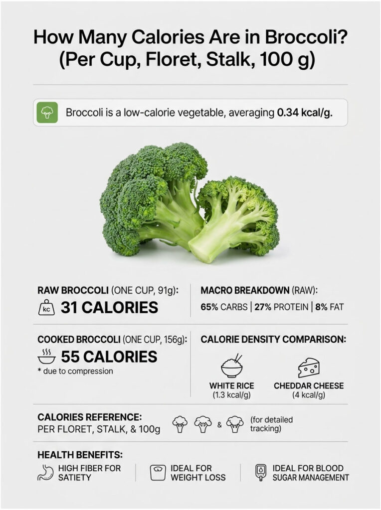 Infographic showing broccoli calorie content, including raw and cooked values, macro breakdown, and health benefits.