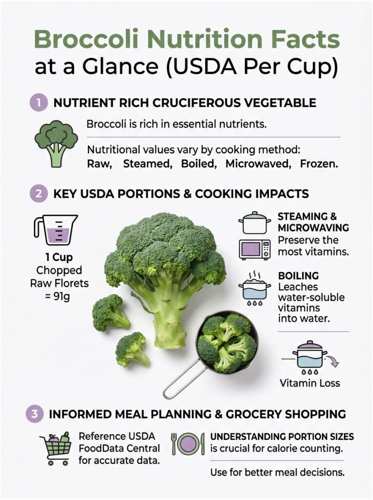 Broccoli nutrition facts infographic showing cooking methods, portions, and nutrient preservation tips.