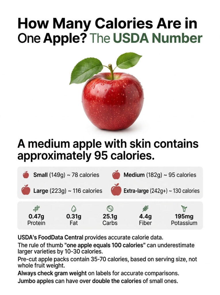 Infographic showing calorie counts for different apple sizes with a red apple illustration and nutritional data.