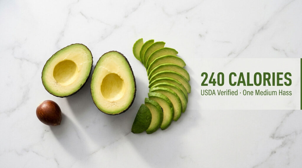 Halved avocado with slices and a seed on a marble surface, displaying calorie information.