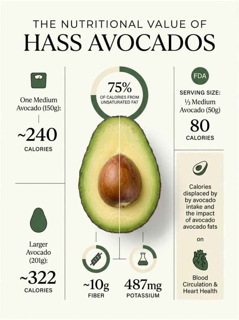 Infographic showing nutritional value of Hass avocados, including calories, fiber, and potassium content.