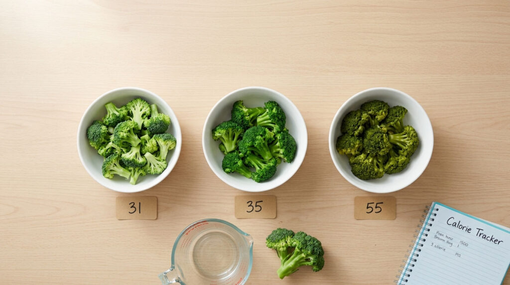Three bowls of broccoli with labels showing 31, 35, and 55 calories on a wooden table with a measuring cup and notebook.