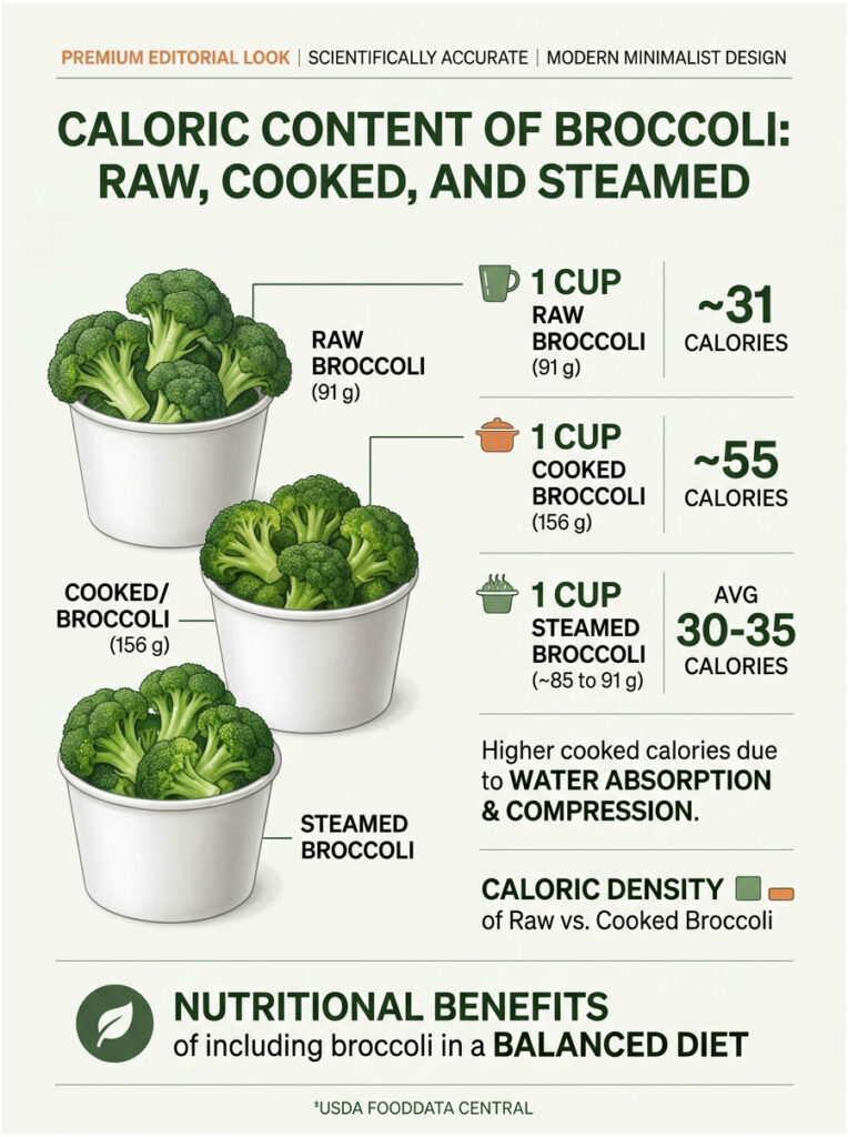 Infographic showing caloric content of raw, cooked, and steamed broccoli with data on calories and serving sizes.