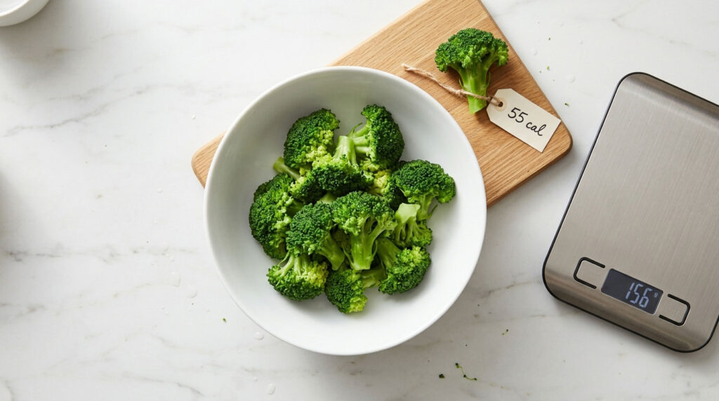 Fresh broccoli florets in a white bowl on a marble surface with a digital scale nearby.