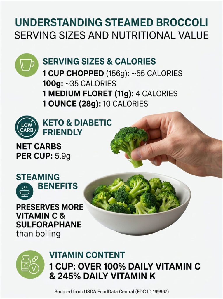 Infographic showing steamed broccoli serving sizes, calories, benefits, and vitamin content with a hand holding broccoli.